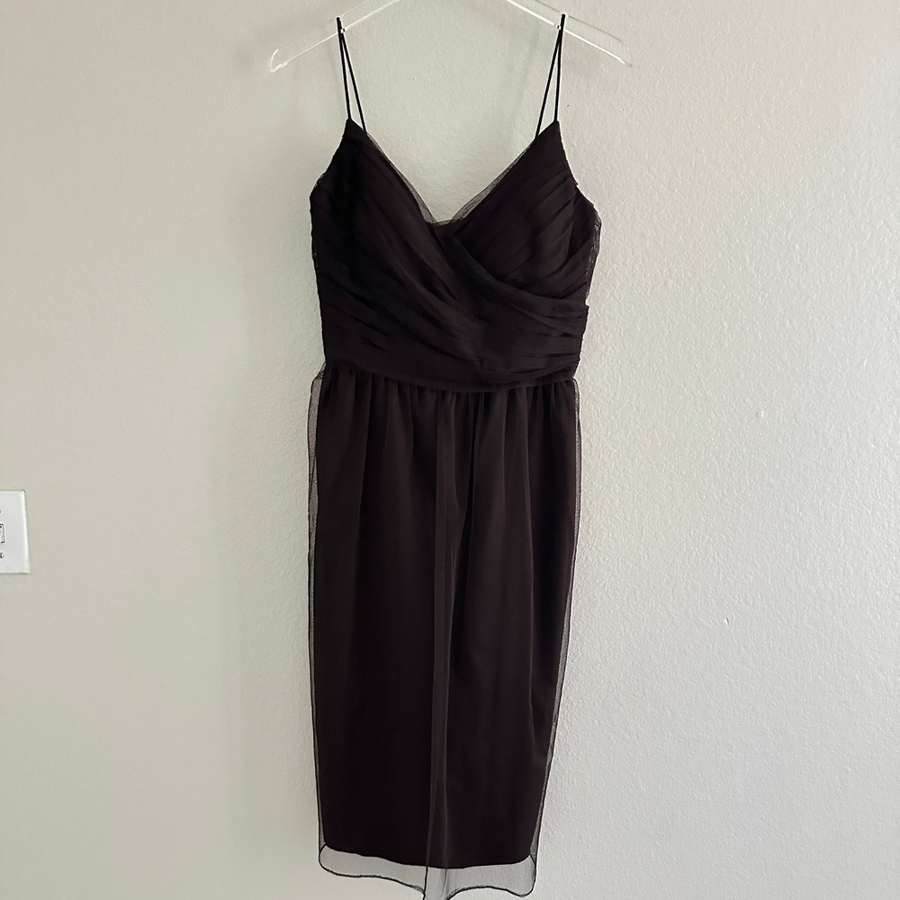 Jenny Yoo Collection Midi Dress Womens 10 Brown Ruched Tulle Spaghetti Strap